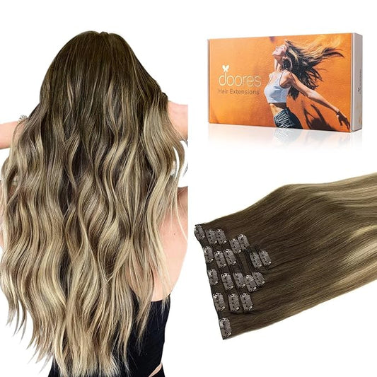 DOORES Hair Extensions Real Human Hair, Balayage Dark Blonde Highlighted Bleach Blonde 135g 18 Inch 7pcs, Thick Remy Clip ins Extensions Straight Natural Hair