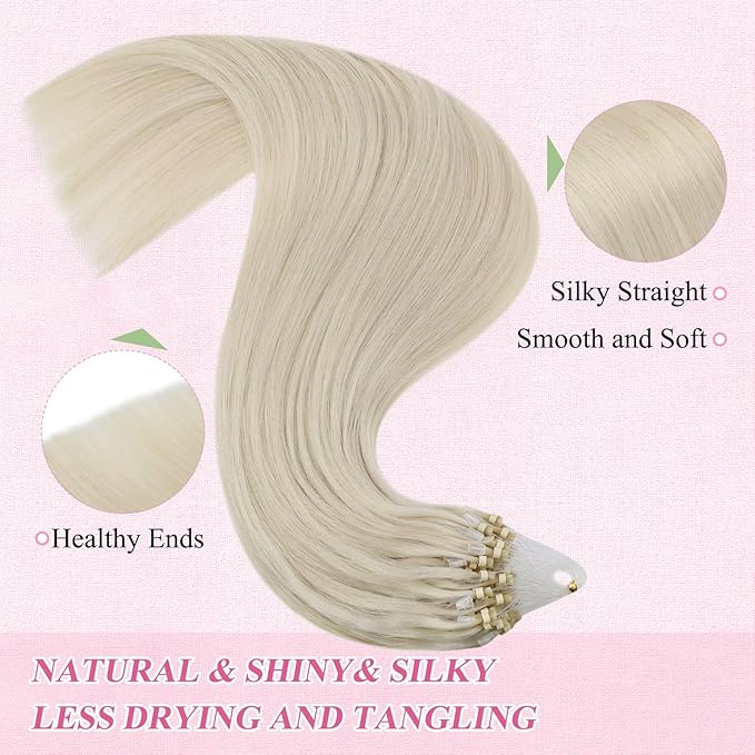 YoungSee Microbead Hair Extensions Blonde 14In Microlink Hair Extensions Human Hair Platinum Blonde 50g 50s Micro Ring Hair Extensions Blonde for Short Hair Beaded Hair Extensions Silky Straight