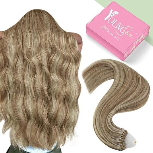 YoungSee Micro Bead Hair Extensions Real Human Hair Highlight Microbead Hair Extensions Human Hair Light Brown Mix Blonde Highlight Beaded Hair Extensions Real Human Hair Silky Straight 22Inch 50s 50g