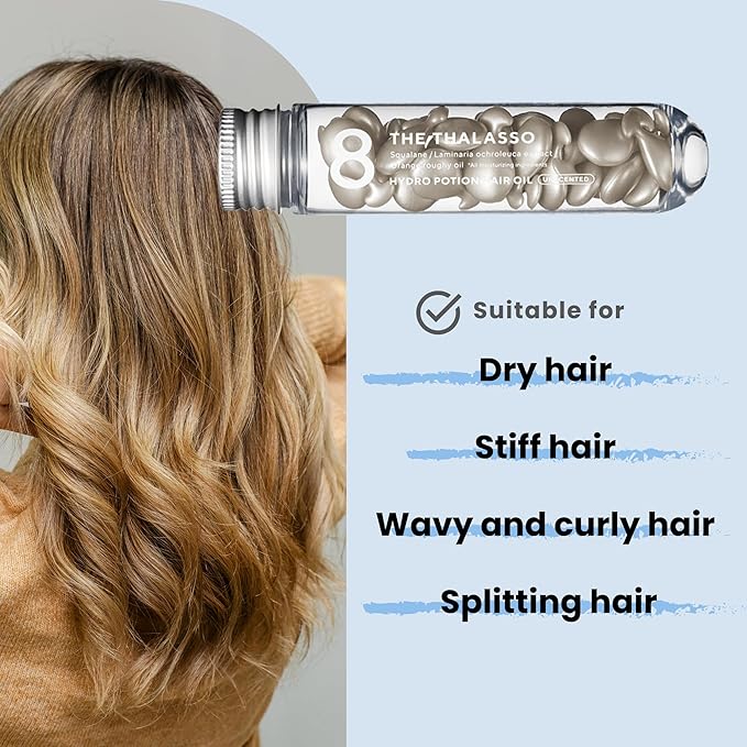8 THE THALASSO Potion Hair Oil for Frizzy & Damaged Hair Women & Men, Keratin Hair Care for Repairing with Squalane & Deep Ocean Water, Sulfate & Paraben Free, UNSCENTED, 24 Capsules