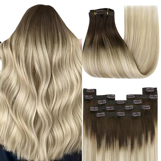 YoungSee Clip in Hair Extensions Human Hair Ombre Silky Hair Extensions Clip ins Dark Brown Ombre Golden Blonde Mix Platinum Blonde Balayage Clip in Real Hair Extension Easily Styleable 7Pcs 24In 120G