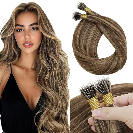 Sunny Hair 22inch Nano Bead Hair Extensions Human Hair Brown Blonde Nano Loop Hair Extension Long Straight Hair Nano Human Hair Extensions 50g