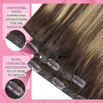 YoungSee Clip in Hair Extensions Real Human Hair Balayage Hair Extensions Clip ins Balayage Chocolate Brown Mix Caramel Blonde Balayage Clip on Hair Extensions Human Hair 120G 18Inch