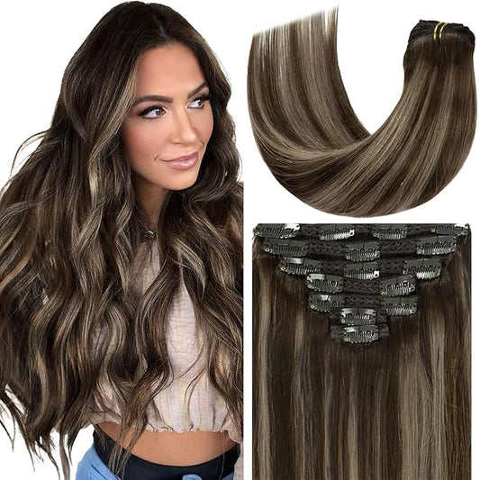 Loxxy Clip in Hair Extensions Ombre Chestnut Brown Mixed Dark Brown with Dark Brown Roots Hair Extensions Clip in Human Hair Double Weft Color R#2-2/6 14 Inch 120g