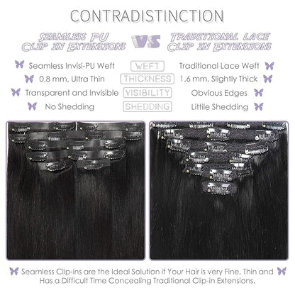 Lacer Black Clip in Hair Extensions 20inch 150g Seamless Hair Extensions Human Hair Jet Black 8Pcs PU Skin Weft Natural Human Hair Clip in 19 Clips