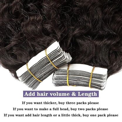 Anrosa 22Inch Jerry Curly Tape in Hair Extensions - Human Hair, Black, Darkest Brown, Brazilian, Double Weft, Kinky Curly, Natural 3B 3C, 20 Pcs, 50g