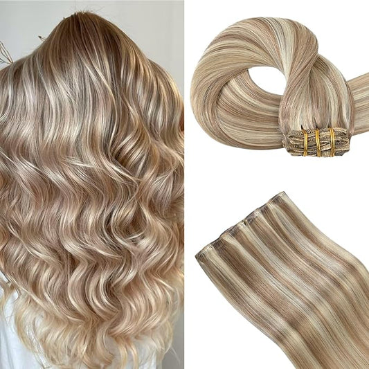 Blonde Human Hair Extensions Clip Ins 15 Inches Light Brown Mixed Bleach Blonde Natural Straight Silky Hair Clip Extensions for Women 75g #8/22/8 7pcs