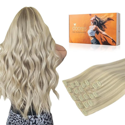DOORES Clip in Hair Extensions Real Human Hair, Ash Blonde Highlighted Platinum Blonde 130g 7pcs 18 Inch Clip in Virgin Extensions Invisible Edge Remy Silky Weft