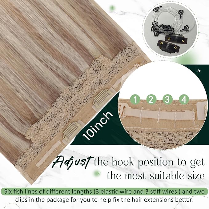 RUNATURE Invisible Wire Hair Extensions, Real Human Hair Extensions Wire, Secret Fish Line Extensions, Natural Remy Hair, Short Straight Hair 12 Inch 70g #18/22/60 Blonde Balayage