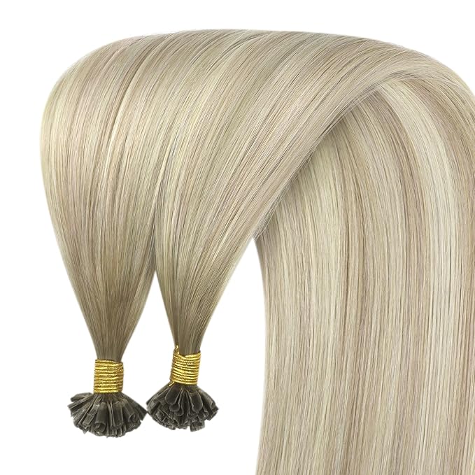 YoungSee U Tip Hair Extensions Human Hair Ash Blonde with Platinum Blonde Balayage Utip Real Hair Extensions for Women Keratin Hair Extensions Human Hair Balayage U Tips Hair Extensions 20In 1G/S 50G