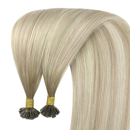 YoungSee U Tip Hair Extensions Human Hair Ash Blonde with Platinum Blonde Balayage Utip Real Hair Extensions for Women Keratin Hair Extensions Human Hair Balayage U Tips Hair Extensions 20In 1G/S 50G