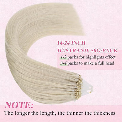 YoungSee Microbead Hair Extensions Blonde 14In Microlink Hair Extensions Human Hair Platinum Blonde 50g 50s Micro Ring Hair Extensions Blonde for Short Hair Beaded Hair Extensions Silky Straight