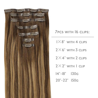 WENNALIFE Seamless Clip In Hair Extensions Human Hair, 24 Inch 160g 7pcs Balayage Chocolate Brown to Caramel Blonde Invisible Natural PU Weft Straight Extensiones De Cabello Hmano
