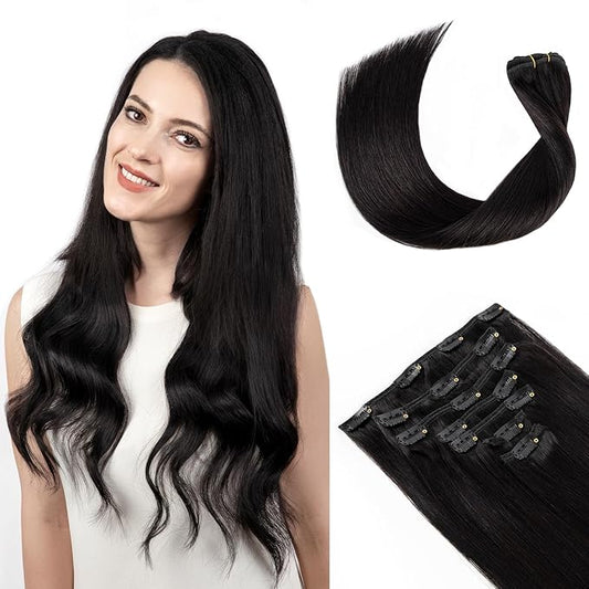 Clip in Hair Extensions Real Human Hair, Remy Hair Clip in Extensions Human Hair, Natural Black 100% Human Hair Extensions for Women #1B 20Inch 120G 7PCS