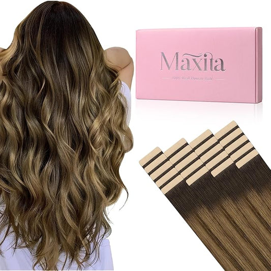 MAXITA Tape in Hair Extensions Human Hair, Real Remy Straight Tape in Extensions, Ash Dark Brown to Warm Brown and Light Chestnut Brown Skin Weft Hair Extensions 14 Inch 50g 20pcs