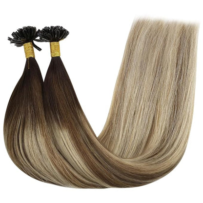 YoungSee Utip Hair Extensions Balayage Keratin Hair Extensions Human Hair U Tip Brown Ombre Blonde with Brown U Tips Natural Human Hair Balayage 20In Hot Fusion Hair Extensions for Wedding 50s/50g
