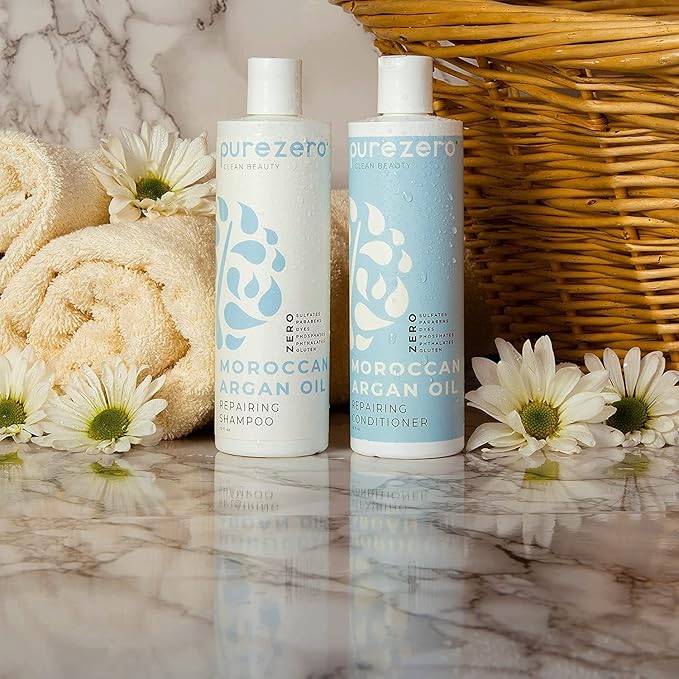 Purezero Moroccan Argan Oil Shampoo & Conditioner set - Repair Damaged Hair - Fight Dandruff & Frizz - Zero Sulfates, Parabens, Dyes, Gluten - Vegan & Cruelty Free (20 FL Oz (Pack of 2))