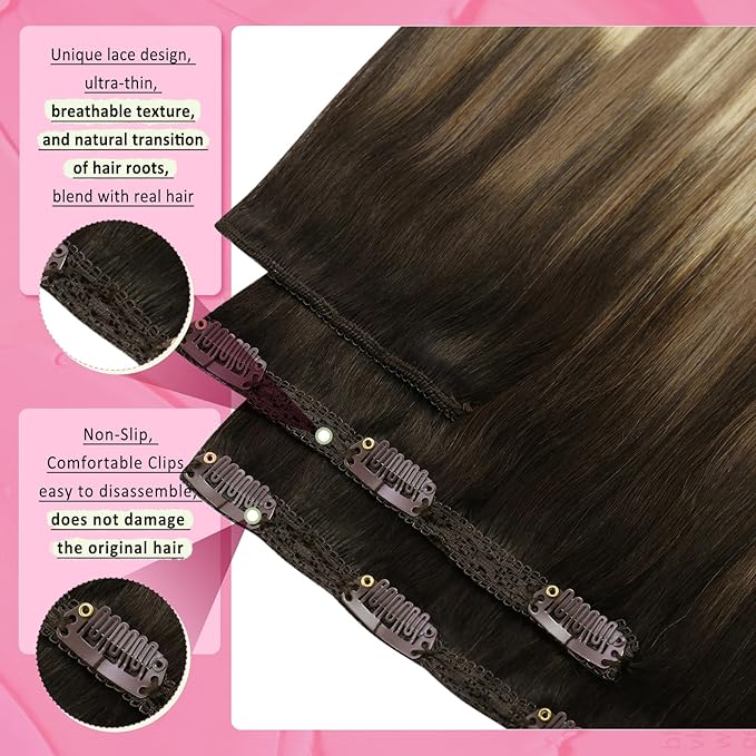 YoungSee 150g 24 inch Clip in Hair Extensions Real Human Hair Ombre hair extensions clip Dark Brown Roots Blending into Medium Brown with Warm Blonde Human Hair Extensions Clip in Real Hair Brown 7pcs