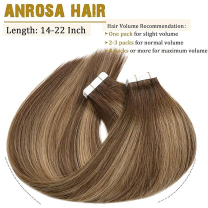 Anrosa Tape in Hair Extensions Double Sided Remy Tape in Hair Extensions Human Hair 14 Inch Silky Human Hair Tape in Extensions for Woman Medium Brown to Blonde with Medium Brown Roots 20pcs 50G