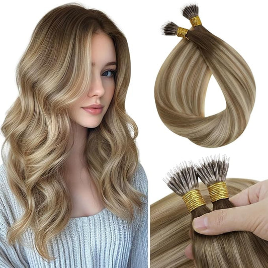 Sunny Hair 22inch Nano Bead Hair Extensions Human Hair Balayage Brown with Blonde Nano Loop Hair Extensions Human Hair Invisible Nano Tip Extensions Human Hair 50g