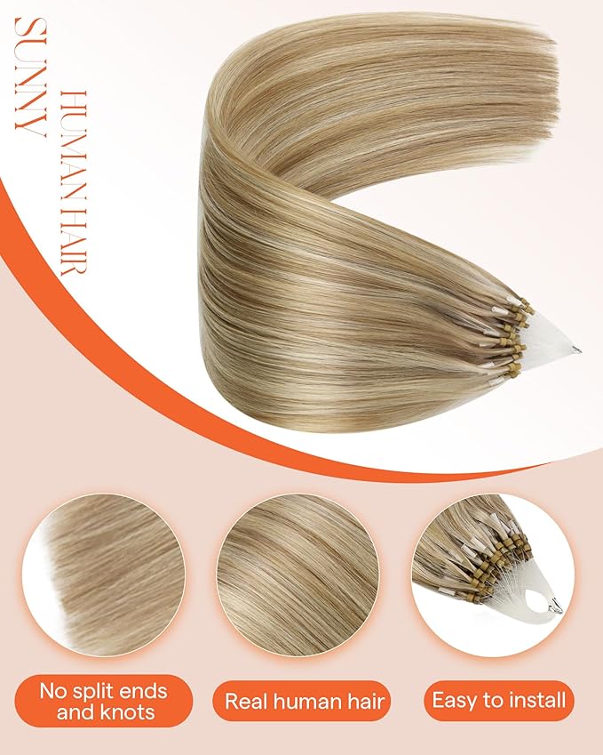 Sunny Hair Microlink Hair Extensions Human Hair Natural Micro Loop Extensions Dark Ash Blonde Highlights Light Blonde Micro Ring Soft Microbead Hair Extensions Show Charm 16inch 50g