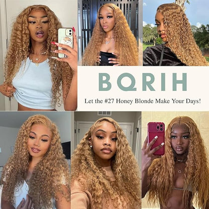 BQRIH #27 Honey Blonde Water Wave Bundles with 4x4 Closure Pre Plucked Human Hair 14 16 18+12, 12A Virgin Brazilian Curly Weaves Soft Bouncy Wet n Wavy Colored 3 Bundles with Transparent Lace Closure