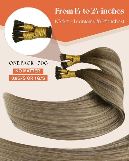Sunny Hair Itip Human Hair Extensions Dark Brown Balayage Light Brown with Light Blonde I Tip Extensions 16inch I Tip Extensions Human Hair Invisible 50g