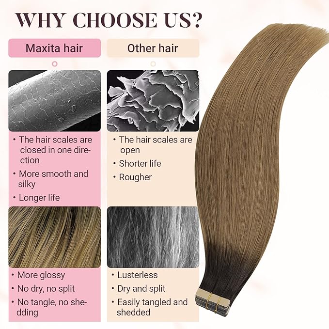 MAXITA Tape in Hair Extensions Human Hair, 20pcs 50g 20 Inch Ash Dark to Light Chestnut Brown Hair Extensions Straight Human Hair Tape ins Skin Weft Seamless Tape in Extensions