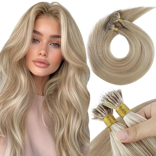 Sunny Hair Nano Bead Hair Extensions Real Human Hair Ash Blonde Highlights Bleach Blonde Nano Tip Hair Extensions Real Human Hair for Women Nano Natural-Looking Hair Extensions 50G