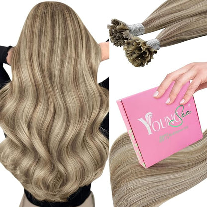 YoungSee U Tip Hair Extensions Light Brown Highlight Utip Human Hair Extensions for Working Light Brown with Blonde Highlight U Tip Remy Hair Extensions 20In U Tip Natural Hair Extensions Soft 50s/50g