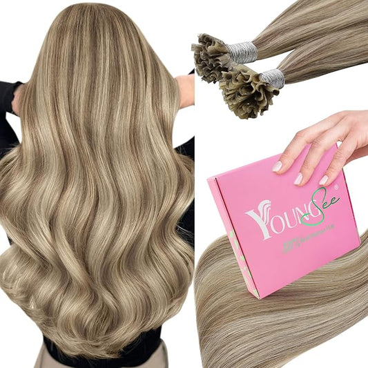 YoungSee U Tip Hair Extensions Human Hair Light Brown Pre Bonded U Tip Real Hair Extensions Light Brown Highlights Blonde Utip Natural Human Hair Highlight 24In Hot Fusion Hair Extensions 50s/50g