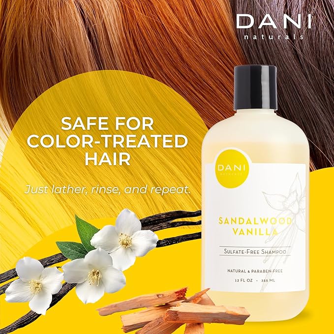 Naturals Shampoo with Sandalwood Vanilla Scent promotes hair thickening, strengthens follicles, and supports hair re-growth. Sulfate-free, nourishing, and soothing