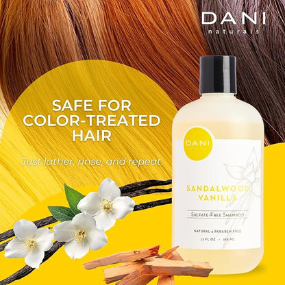 Naturals Shampoo with Sandalwood Vanilla Scent promotes hair thickening, strengthens follicles, and supports hair re-growth. Sulfate-free, nourishing, and soothing