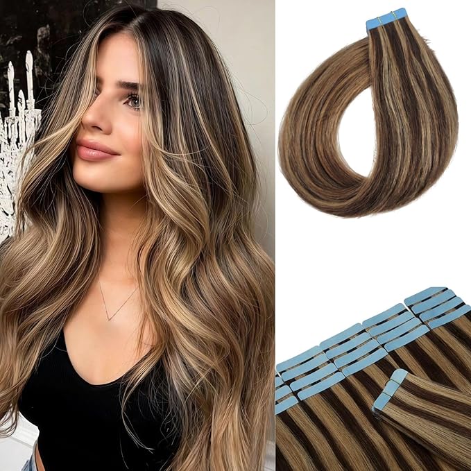 Brown Blonde Tape in Hair Extensions Human Hair Seamless Silky Straight Hair Extensions Real Human Hair Tape in 16Inch 20PCS 30G