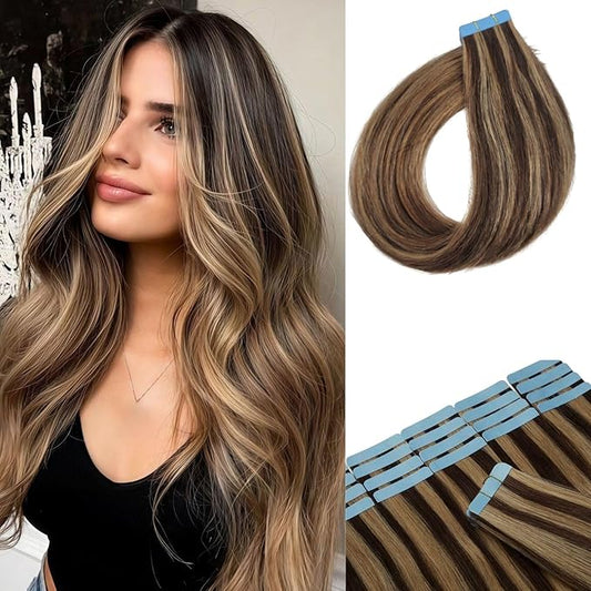 Brown Blonde Tape in Hair Extensions Human Hair Seamless Silky Straight Hair Extensions Real Human Hair Tape in 16Inch 20PCS 30G