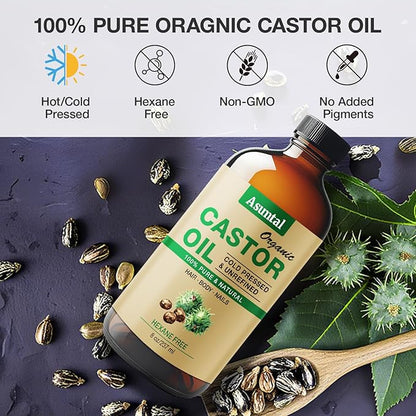 Castor Oil Organic Cold Pressed Unrefined Glass Bottle 8oz, Reusable Castor Oil Pack Wrap 4 Pack, Organic Cotton for Waist Breast Neck