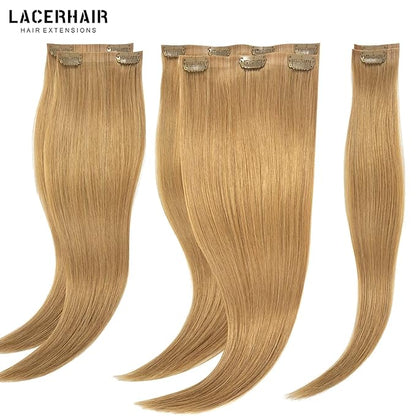 Lacer Hair 20 Inch Glam Seamless Hair Extensions Clip in Human Hair with Invisible Thin PU Skin Weft Remy Natural Hair Extensions #27 Caramel Blonde Full Head 7 Pieces 110 Grams with 16 Clips