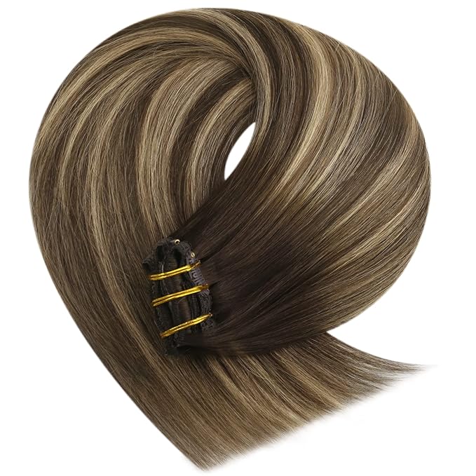 YoungSee Clip in Hair Extensions Real Human Hair Balayage Hair Extensions Clip ins Balayage Chocolate Brown Mix Caramel Blonde Balayage Clip on Hair Extensions Human Hair 120G 18Inch