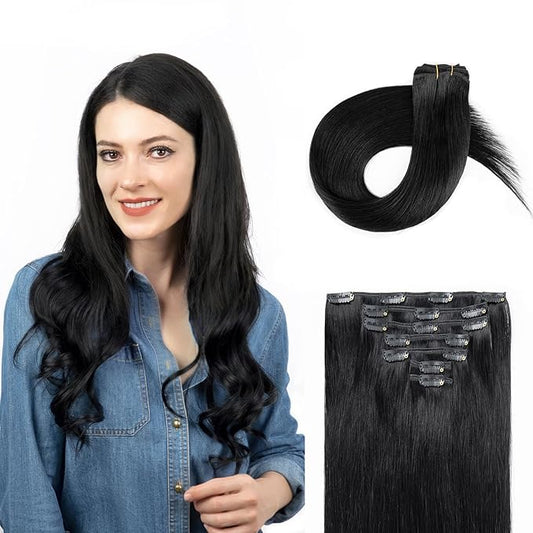Clip in Hair Extensions Real Human Hair, Jet Black 100% Human Hair Extensions Clip in, Tangle-free Silky Straight Hair Extensions for Women, #1 22Inch 120G 7PCS