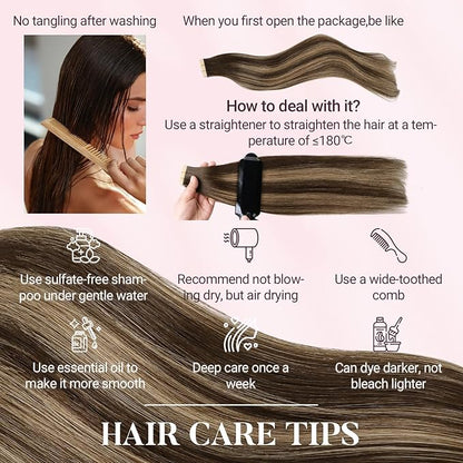 MAXITA Tape in Hair Extensions Human Hair 4/27/4 Chocolate Brown Mixed Caramel Blonde Balayage 24 Inch 30g 10pcs Thick Ends Straight Seamless Tape ins Remy Invisible Tape in Extensions Human Hair