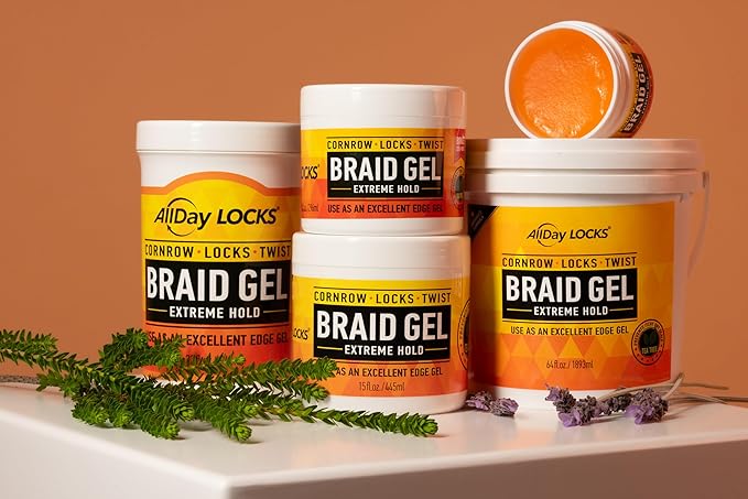 AllDay Locks Braid Gel (Bucket) | Extreme Hold, High Shine | Frizz & Flake-Free Edge Control | Tea Tree, Lavender, Peppermint Oil | Slick & Style Braids, Locks, Twists, Cornrows | 64 oz