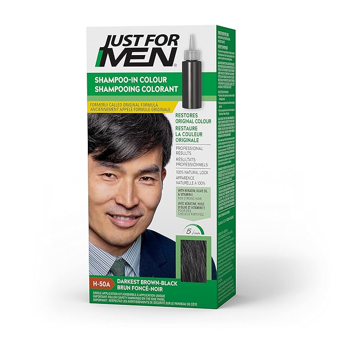 Just For Men Shampoo-In Color (Formerly Original Formula), Mens Hair Color with Keratin and Vitamin E for Stronger Hair - Darkest Brown-Black, H-50A, Pack of 1