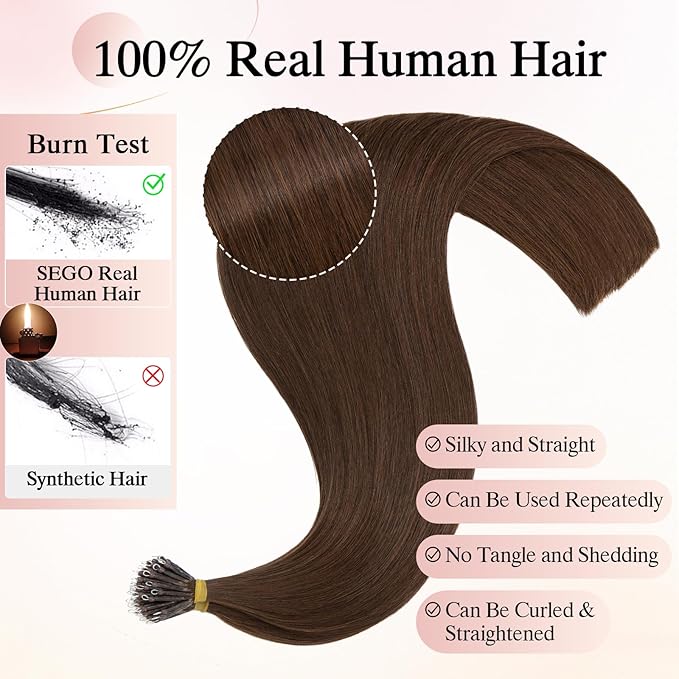 Nano Bead Human Hair Extensions - Nano Bond & Tip Extensions, Silky Straight Natural 50g/50 Stands 24" Medium Brown