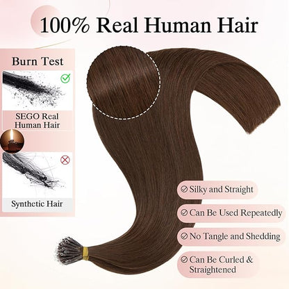 Nano Bead Human Hair Extensions - Nano Bond & Tip Extensions, Silky Straight Natural 50g/50 Stands 24" Medium Brown