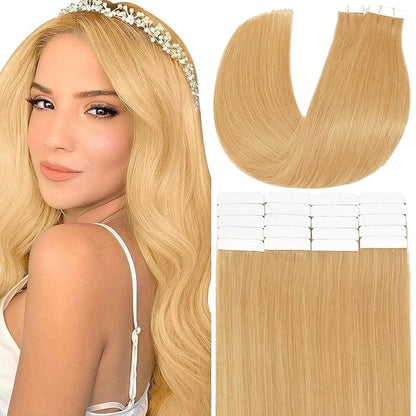 Anrosa Real Human Hair Silky Double Sided Tape in Hair Extensions 50g 20pcs 22 Inch Skin Weft Seamless Remy Tape in Hair Extensions Honey Blonde Color