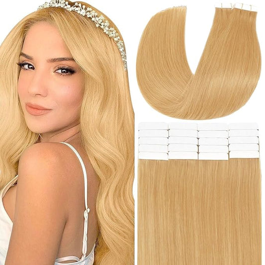 Anrosa Real Human Hair Silky Double Sided Tape in Hair Extensions 50g 20pcs 22 Inch Skin Weft Seamless Remy Tape in Hair Extensions Honey Blonde Color