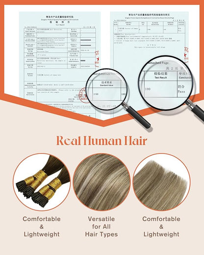 Sunny Hair Itip Human Hair Extensions Dark Brown Balayage Light Brown with Light Blonde I Tip Extensions 16inch I Tip Extensions Human Hair Invisible 50g