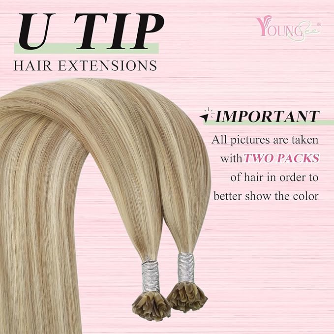 YoungSee U Tip Highlight Hair Extensions Human Hair Golden Blonde and Blonde U Tips Hair Extensions 18In 1G/S 50G