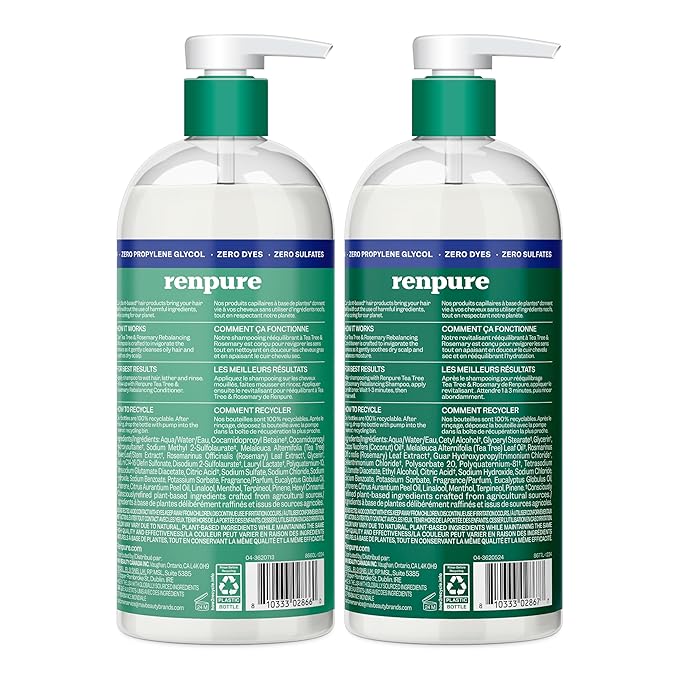 Renpure Tea Tree & Rosemary Shampoo & Conditioner Set, Plant Based - Refreshes & Rebalances Hair and Scalp - For Oily/Normal Hair - Tea Tree Leaf Oil, Rosemary Leaf Extract - 24 Fl Oz each, 2 Pack