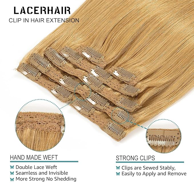 Lacer Hair Straight Hair Clip in Extensions Strawberry Blond 120g 7 Pieces Per Set Grade Quality Silky Straight Double Real Hair Extensions Clip in Human Hair Lace Weft Full Head 16 Inch